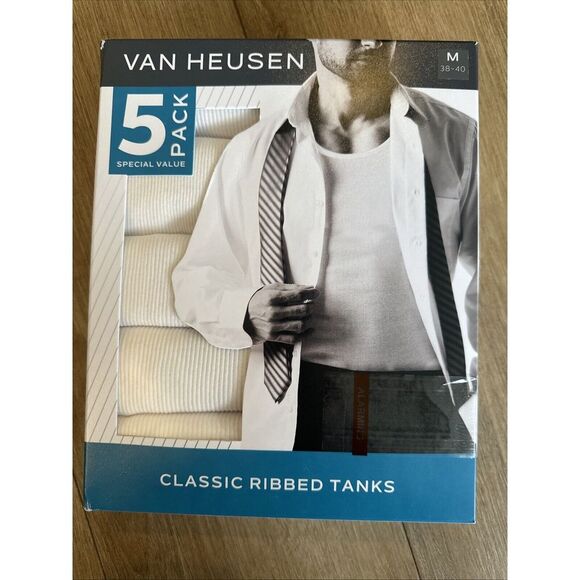 Van Heusen Men's Classic Ribbed Tanks White Cotton Blend Medium (38-40)‎ NEW - Picture 1 of 5
